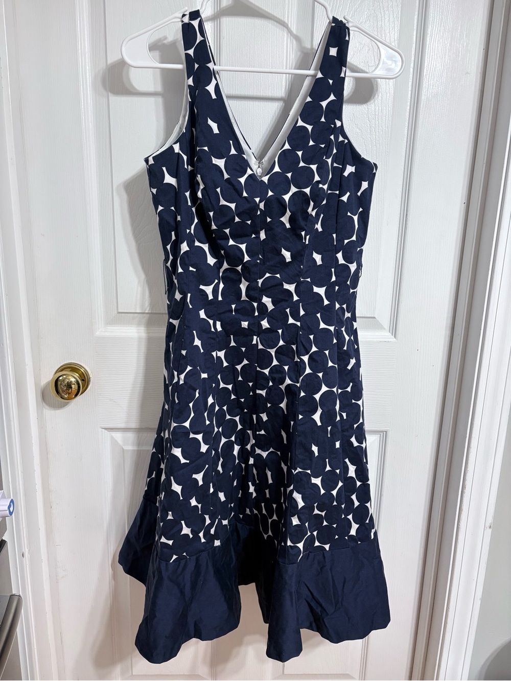 Nine West Navy and White Polka Dot V-Neck Midi Dress